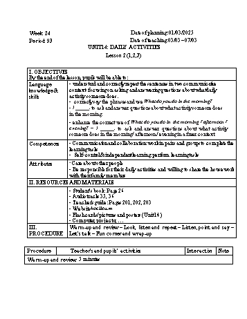 Giáo án Tiếng Anh 4 - Week 24 - Năm học 2024-2025