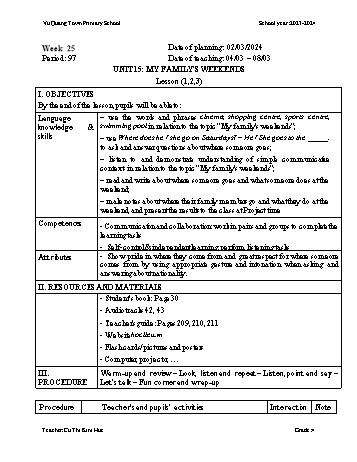Giáo án Tiếng Anh 4 - Week 25 - Năm học 2023-2024 - Cù Thị Minh Huệ