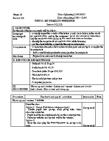 Giáo án Tiếng Anh 4 - Week 26 - Năm học 2024-2025