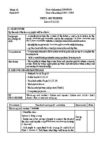 Giáo án Tiếng Anh 4 - Week 3 - Năm học 2024-2025