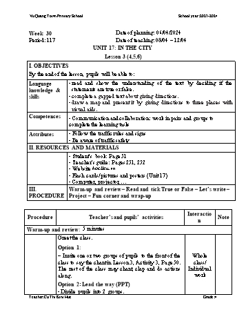 Giáo án Tiếng Anh 4 - Week 30 - Năm học 2023-2024 - Cù Thị Kim Huế