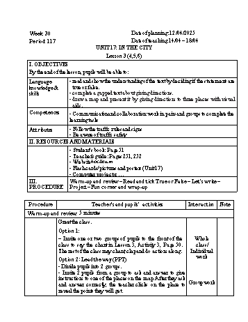 Giáo án Tiếng Anh 4 - Week 30 - Năm học 2024-2025