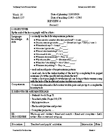 Giáo án Tiếng Anh 4 - Week 35 - Năm học 2023-2024 - Cù Thị Kim Huế