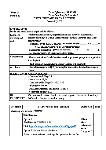Giáo án Tiếng Anh 4 - Week 4 - Năm học 2024-2025