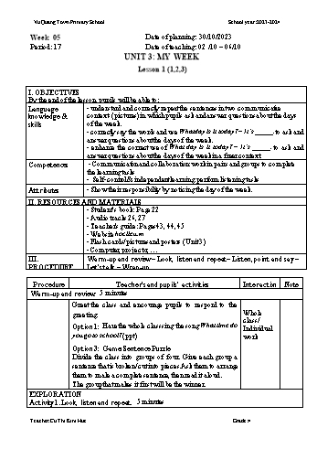 Giáo án Tiếng Anh 4 - Week 5 - Năm học 2023-2024 - Cù Thị Kim Huệ