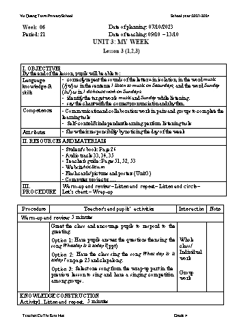 Giáo án Tiếng Anh 4 - Week 6 - Năm học 2023-2024 - Cù Thị Kim Huệ
