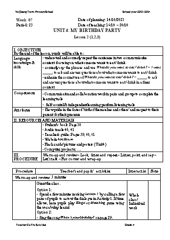 Giáo án Tiếng Anh 4 - Week 7 - Năm học 2023-2024 - Cù Thị Kim Huệ