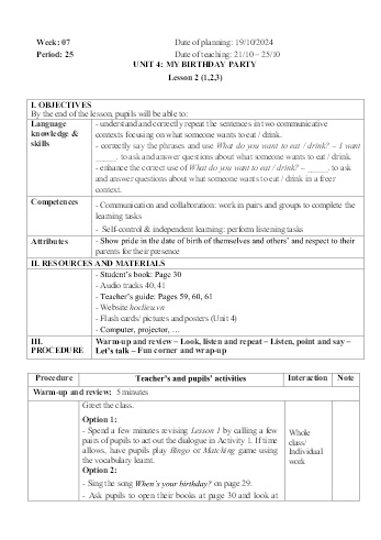 Giáo án Tiếng Anh 4 - Week 7 - Năm học 2024-2025