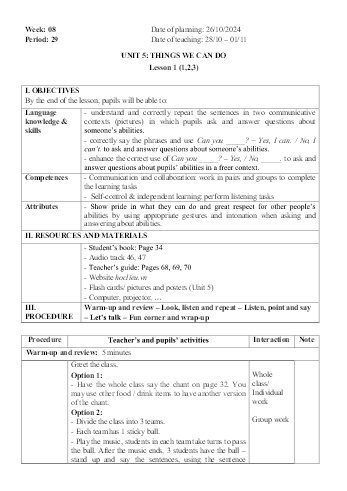 Giáo án Tiếng Anh 4 - Week 8 - Năm học 2024-2025