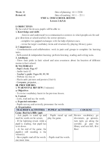 Giáo án Tiếng Anh 5 - Week 11 - Năm học 2024-2025
