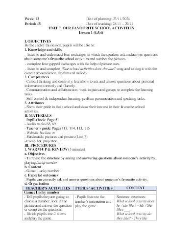 Giáo án Tiếng Anh 5 - Week 12 - Năm học 2024-2025
