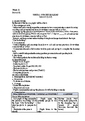 Giáo án Tiếng Anh 5 - Week 21, Period 81-84