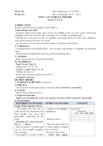 Giáo án Tiếng Anh 5 - Week 6 - Năm học 2024-2025