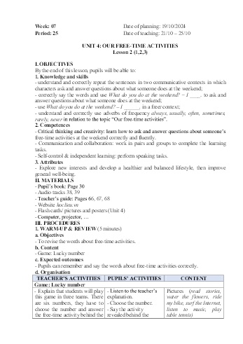 Giáo án Tiếng Anh 5 - Week 7 - Năm học 2024-2025