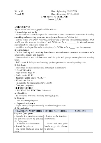 Giáo án Tiếng Anh 5 - Week 8 - Năm học 2024-2025