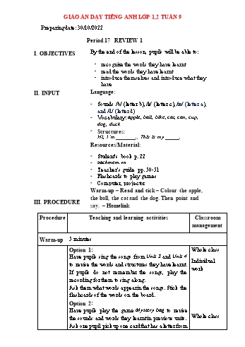 Giáo án Tiếng Anh Khối Tiểu học - Tuần 9
