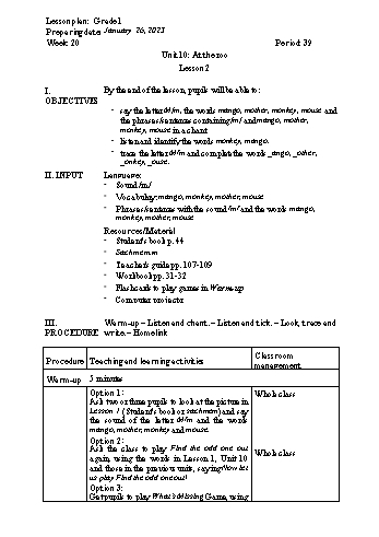 Giáo án Tiếng Anh Khối Tiểu học - Week 20 - Năm học 2022-2023