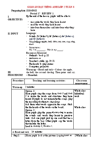 Giáo án Tiếng Anh Lớp 2+4+5 - Tuần 8