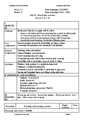 Giáo án Tiếng Anh Lớp 3 - Week 17 - Năm học 2023-2024 - Cù Thị Kim Huệ