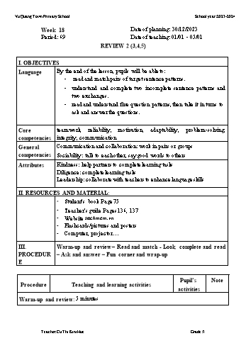 Giáo án Tiếng Anh Lớp 3 - Week 18 - Năm học 2023-2024 - Cù Thị Kim Huệ