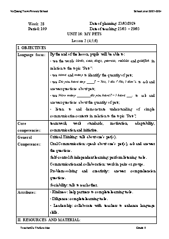 Giáo án Tiếng Anh Lớp 3 - Week 28 - Năm học 2023-2024 - Cù Thị Kim Huế