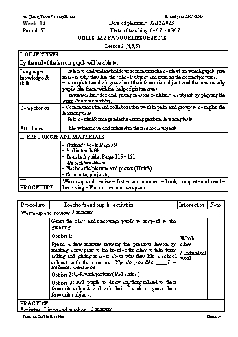 Giáo án Tiếng Anh Lớp 4 - Week 14 - Năm học 2023-2024 - Cù Thị Kim Huế