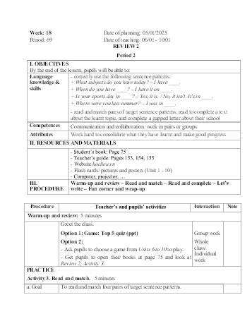 Giáo án Tiếng Anh Lớp 4 - Week 18 - Năm học 2024-2025