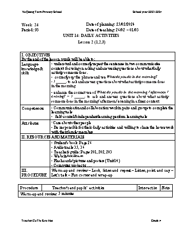Giáo án Tiếng Anh Lớp 4 - Week 24 - Năm học 2023-2024 - Cù Thị Kim Huệ