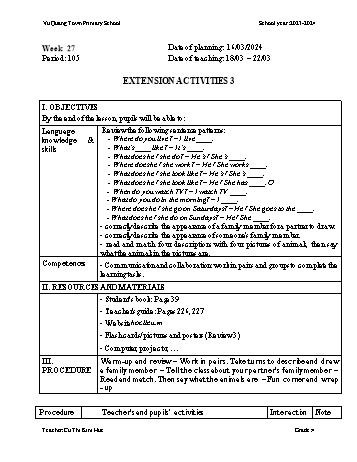 Giáo án Tiếng Anh Lớp 4 - Week 27 - Năm học 2023-2024 - Cù Thị Kim Ngân