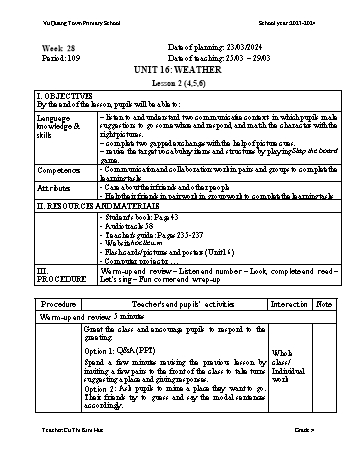 Giáo án Tiếng Anh Lớp 4 - Week 28 - Năm học 2023-2024 - Cù Thị Kim Huế