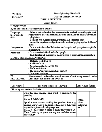 Giáo án Tiếng Anh Lớp 4 - Week 28 - Năm học 2024-2025 - Cù Thị Kim Huế