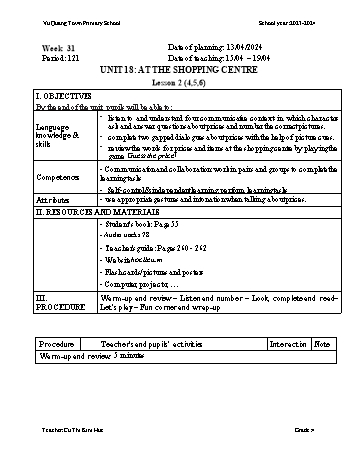 Giáo án Tiếng Anh Lớp 4 - Week 31 - Năm học 2023-2024 - Cù Thị Kim Huế