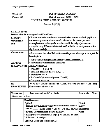 Giáo án Tiếng Anh Lớp 4 - Week 32 - Năm học 2023-2024 - Cù Thị Kim Huế